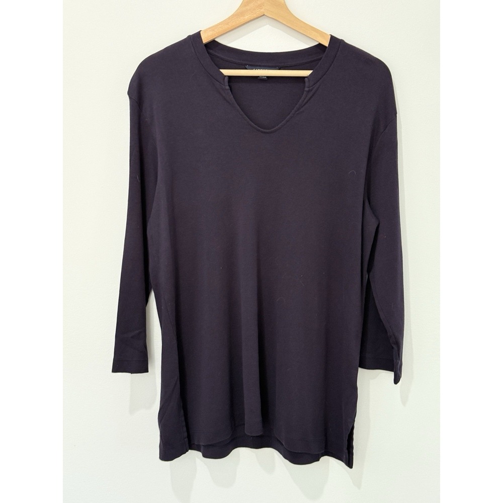 Lands End Notch Neck 100% Cotton Top Womens L‎ Navy Cruise 4th of July Soft
